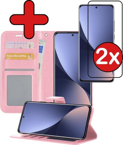 Hoesje - Met 2x Screenprotector - Geschikt voor Xiaomi 12 - Luxe Pasjeshouder - Flip Case - Bookcase Portemonee - Kunstleer Book Case - Flipcase Hoes - Book Cover - Walletcase - Portemonneehoes - Telefoonhoes - Lichtroze