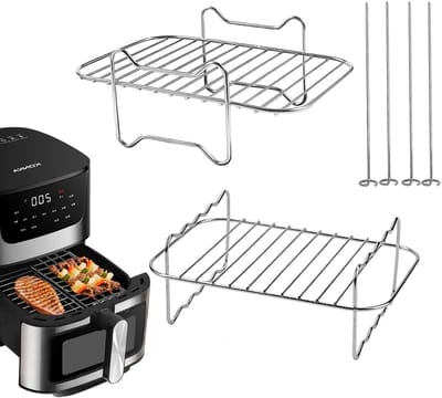 Dailygoods- Airfryer Rack 2 stuks - Voedselveilig Roestvrij Stalen Rek - Compatibel met Dual Zone Air Fryer - Inclusief 4 Spiesjes - Afmetingen 20 x 13 cm - Vaatwasserbestendig - Luchtfriteuse Rek