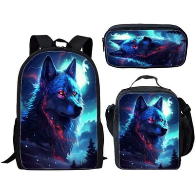 Drie delige set met Wolf thema voor Kinderen en Basisschoolleerlingen, Rugzak met Grote Capaciteit, Lunchbox, Etui