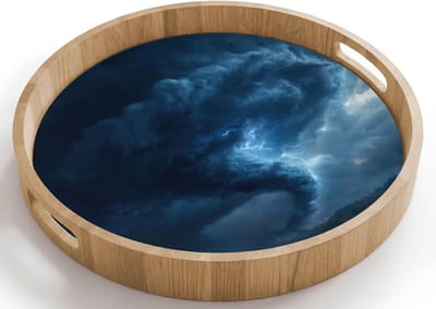 Dienblad rond 40x40 cm - Schootdienblad hout - Tornado - Duister - Wolken - Borrelplank rechthoek - Plateau houten dienbladen