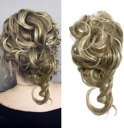 Messy Bun Haarstuk voor Vrouwen, Elastisch Haar Accessoire voor Een Rommelige Knot, Perfect voor Ponytails en Casual Looks (Asblond met Highlights)