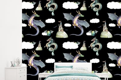 Behang - Fotobehang Jongens - Patronen - Draak - Kasteel - Breedte 245 cm x hoogte 220 cm