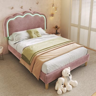 MEUNIQ eenpersoonsbed 90 x 190 cm met lattenbodem, verstelbaar LED-hoofdbord, fluwelen bekleding, roze bedframe voor slaapkamer of logeerkamer