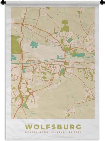 Wandkleed - Wanddoek - Wolfsburg - Vintage - Kaart - Plattegrond - Stadskaart - 120x180 cm - Wandtapijt