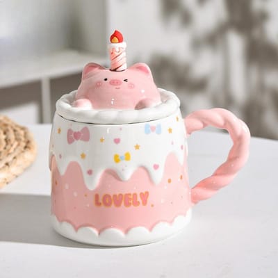 Verjaardagscadeau Mok Creatieve Dieren Vorm Beker Deksel Kaars Taart Beker met Roerlepel Stel Keramische Beker 450ml gray