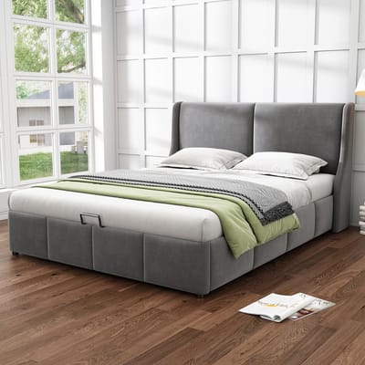 Sweiko Kussen bed, oorvormig gewatteerd hoofdeinde, tweepersoonsbed, hydraulisch functiebed, 140 x 200cm, Grijs