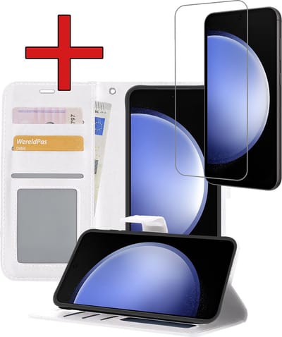 Hoesje - Met Screenprotector - Geschikt voor Samsung Galaxy S23 FE - Luxe Pasjeshouder - Flipcase - Bookcase Portemonee - Flip Case - Kunstleer Book Case - Book Cover - Walletcase - Portemonneehoes - Telefoonhoes - Wit