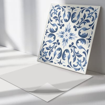 Wallfluent Vinyl Tegels - Bloemenpatroon op tegels Vinyl Wandtegels - 30 cm x 30 cm - Blauw PVC Tegels - Verpakking van 9 stuks - Vierkant PVC Tegels - Texturen Plaktegels - Wand PVC Tegels - Plaktegels Keuken en Badkamer