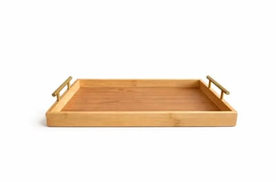 Bamboe dienblad – stevig ontwerp – 40 x 30 cm – goudkleurige handgrepen thee/koffie