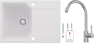 Anycee MAX Spoelbak Keuken 65x45CM - Granieten Spoelbak Wit - Wasbak Keuken Met Lage druk Keukenkraan - Spoelbakken Keuken Met Kraangat - Met Druiprek en Sifon