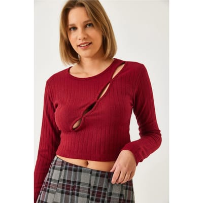 Geweven Geribbelde Cropped Top met Uitsnijdetails
