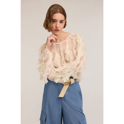 Motivi Long-sleeved Lace Blouse With Ruching White Size: 38 | Blouses Outlet | Dames | Wit
