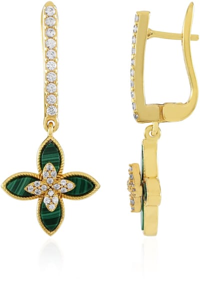 Cavill - 925 Sterling Zilver Vergulde Oorbellen - 2,939 ct Marquise Malachiet & 0,773 ct Cambodjaanse Zirkonia - Elegant Bloem Design - Dames Sieraden