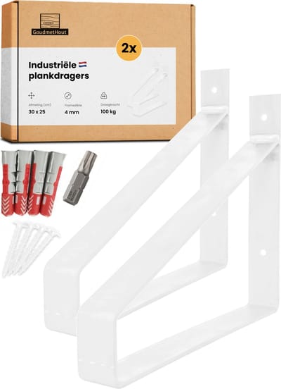 GoudmetHout® Industriële Plankdragers - 30 cm - Stalen Plankdrager voor Wandschap, Muurrek of Wandconsole - Max 100 kg - 2 Stuks - Mat Wit