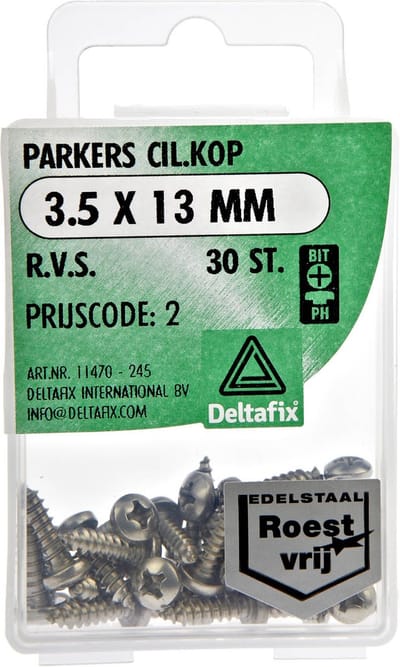 Deltafix. PARKERS CIL.KOP 3.5  x 13 MM   Kruis kop. R.V.S. 30 Stuks. Metaal schroeven.