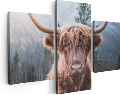 Artaza Canvas Schilderij Drieluik Schotse Hooglander Koe In De Bergen - 90x60 - Foto Op Canvas - Canvas Print