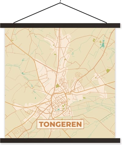 Posterhanger incl. Poster 60x60 cm - Schoolplaat - Retro - Tongeren - Kaart - Plattegrond - Stadskaart - Textielposter - Zwarte latten - Stadskaart