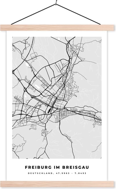Posterhanger incl. Poster 40x60 cm - Schoolplaat - Stadskaart - Duitsland - Plattegrond - Kaart - Freiburg Im Breisgau - Textielposter - Blanke latten - Stadskaart