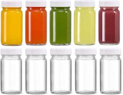 Famanu - Set van 10 glazen flesjes 60 ml met brede mond en dop, herbruikbare mini-containers voor sap en likeur – Transparant