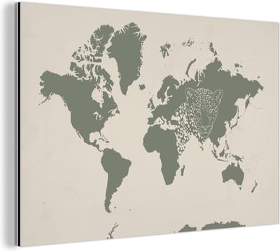 Wanddecoratie Metaal - Aluminium Schilderij Industrieel - Wereldkaart - Dieren - Panter - 90x60 cm - Dibond - Foto op aluminium - Industriële muurdecoratie - Voor de woonkamer/slaapkamer