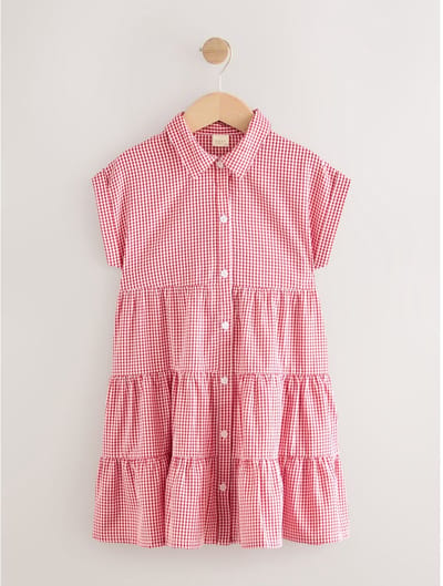Next - Meisjes - Katoenrijke schooljurk met gingham-ruit, laagjes en overhemdkraag - Rood