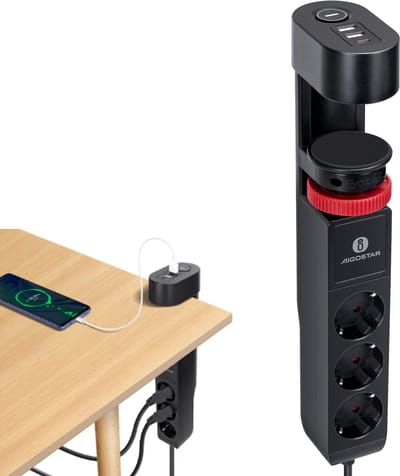 Aigostar 20Y42- Stekkerdoos met Schakelaar - 3 Stopcontacten & 3 USB - 1.4m Kabel - met tafelclip - Zwart