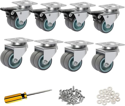 Dubbele Zwenkwielen 50 mm - 8 Stuks met Remmen voor Meubels - Harde Belasting tot 100 kg per Wiel - 360 Graden Rotatie