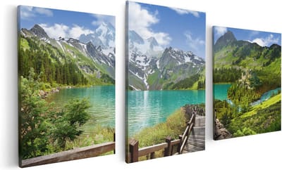 Artaza Canvas Schilderij Drieluik Pad Naar Een Helder Blauw Meer In De Bergen - 120x60 cm - Wanddecoratie Woonkamer - Schilderijen - Muurdecoratie