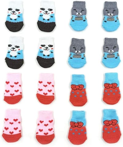 4 Paar Antislip Hondensokken en KattenSokken met Rubber Versteviging, Dierenpoot Bescherming voor Houten Vloeren, Binnengebruik en Comfortabele Pasvorm