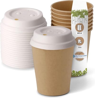 ECO Koffiebeker 8oz 240 ml Bruin en Suikerriet deksel wit - 50 Stuks- wegwerp papieren bekers karton kraft – drank bekers – drinkbekers- koffie beker – wegwerpbeker – Koffiekopjes – Koffiemokken - Warme en Koude Dranken