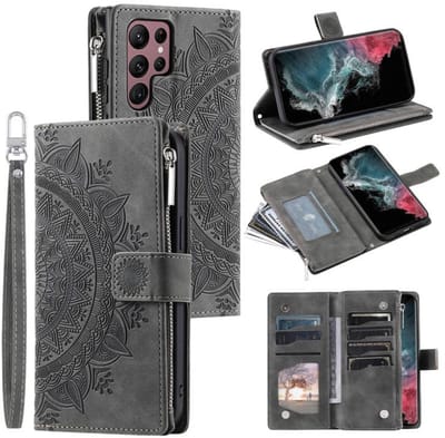 Telefoonhoesje geschikt voor Samsung Galaxy S26 Ultra 5G - Portemonnee met rits - book-case hoesje - ruimte voor 8 pasjes - mandala grijs