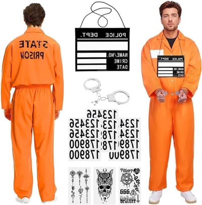 Halloween Kostuum voor Mannen en Vrouwen, Oranje Gevangeniskleding met Naamlabel en Handboeien, Perfect voor Feestjes en Theatrale Optredens