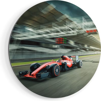 Artaza Dibond Muurcirkel Formule 1 Auto bij de Finish in het Rood - Ø 50 cm - Klein - Wandcirkel - Rond Schilderij - Voor Binnen en Buiten