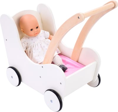 Poppen Loopwagen Roze/Wit – Houten Poppenwagen met Matrasje, Dekentje, Kussentje & Opbergtas – Geschikt voor Alle Poppen – Engelhart
