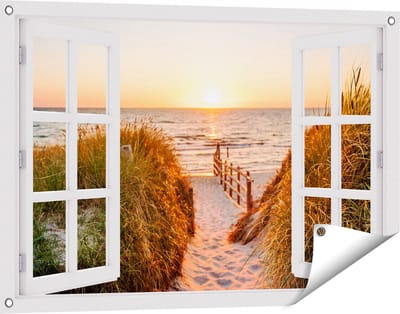 Gards Tuinposter Doorkijk Voetpad in de Duinen met Zonsondergang - 90x60 cm - Tuindoek - Tuindecoratie - Wanddecoratie buiten - Tuinschilderij