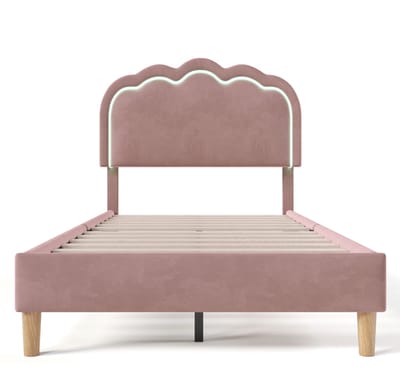 Gestoffeerd Bed LED Eenpersoonsbed 90 x 190 cm, Bedframe met Lattenbodem en Verstelbaar Hoofdeinde, Roze, Bedframe, Fluweel