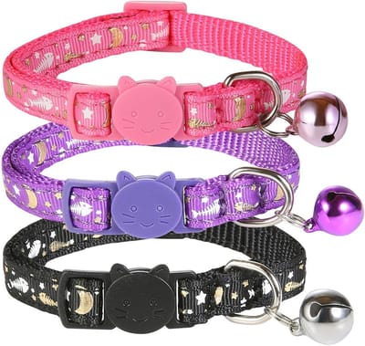 Set van 3 Veiligheidskattenhalsbanden met Bel - Verstelbaar van 18-28 cm, Glow in the Dark, Sterren- en Vispatroon, Geschikt voor Kittens en Volwassen Katten