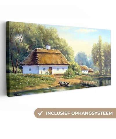 Canvas - Schilderij - Huis - Water - Boot - Kunst - Olieverf - Canvas doek - Schilderijen op canvas - 40x20 cm - Foto op canvas - Wanddecoratie - Woonkamer