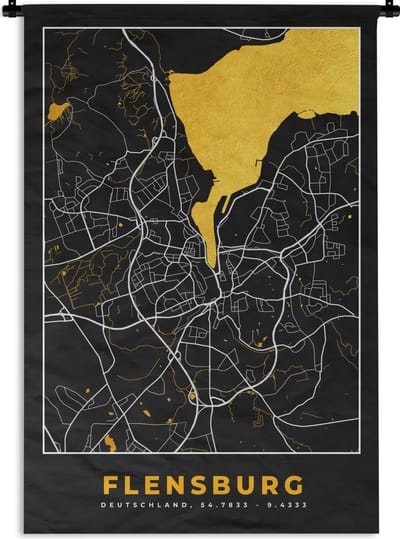 Wandkleed - Wanddoek - Flensburg - Goud - Stadskaart - Plattegrond - Kaart - Duitsland - 120x180 cm - Wandtapijt