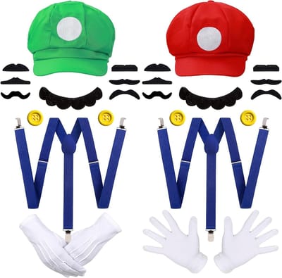 Mario Bros Hoed met M en Luigi Hoed met L - Caps, Snor, Handschoenen en Knoppen - Cosplay Kostuum voor Halloween voor Volwassenen en Kinderen