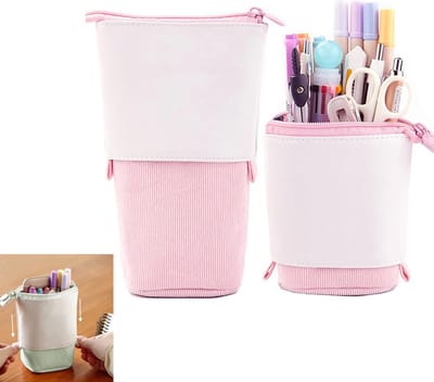 KZQ Uitschuifbaar pennenetui van PU corduroy - Transformeerbare stand-up organizer met kleurrijk design - Geschikt voor studenten - Roze