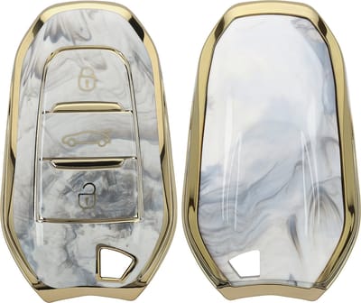 kwmobile autosleutelhoes geschikt voor Peugeot Citroen 3-knops Smartkey autosleutel (alleen Keyless Go) - TPU beschermhoes - sleutelcover - Marmer design - goud / wit / grijs