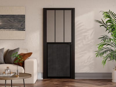 Vente-unique Omkeerbare deur van aluminium en gehard glas met atelierstijl - Zwart - H204 x B93 cm - ERMELO