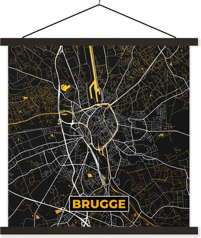 Posterhanger incl. Poster 60x60 cm - Schoolplaat - Brugge - Goud - Stadskaart - Kaart - Plattegrond - Textielposter - Zwarte latten - Stadskaart