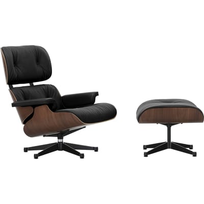 Vitra Lounge Chair & Ottoman - gepolijst/ zijkanten zwart - Leder Premium F nero - VitraNussbaumDunkel