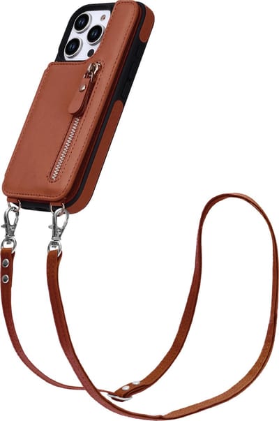 Casemania Hoesje Geschikt voor Apple iPhone 16 Pro - Bruin - Luxe Back Cover met Koord / Rits - Wallet Case met Pasjeshouder - Lanyard Telefoonhoes - Cord Case