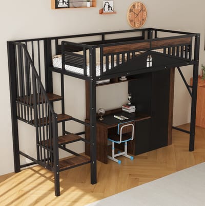 MEUNIQ hoogslaper 90 x 200 cm met trap, opbergruimte, uitvalbeveiliging en bureau, metalen bed voor kinderkamer, zwart
