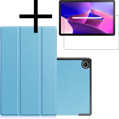 Hoes - Geschikt voor Lenovo Tab M10 Plus (3e / 3rd Generatie) - Met Screenprotector - Trifold Bookcase - Hard Cover - Hardcover Book Case - Tablet Hoesje - Lichtblauw