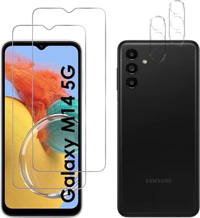 Screenprotector geschikt voor Samsung Galaxy M14 - 2 stuks Beschermglas van glas Transparante glazen schermbeschermfolie + 2 stuks Camera Protector