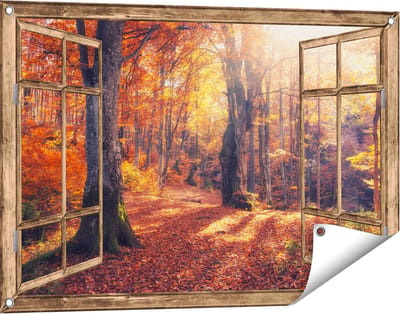 Gards Tuinposter Doorkijk Oranje Herfstbos met Zonneschijn - 90x60 cm - Tuindoek - Tuindecoratie - Wanddecoratie buiten - Tuinschilderij